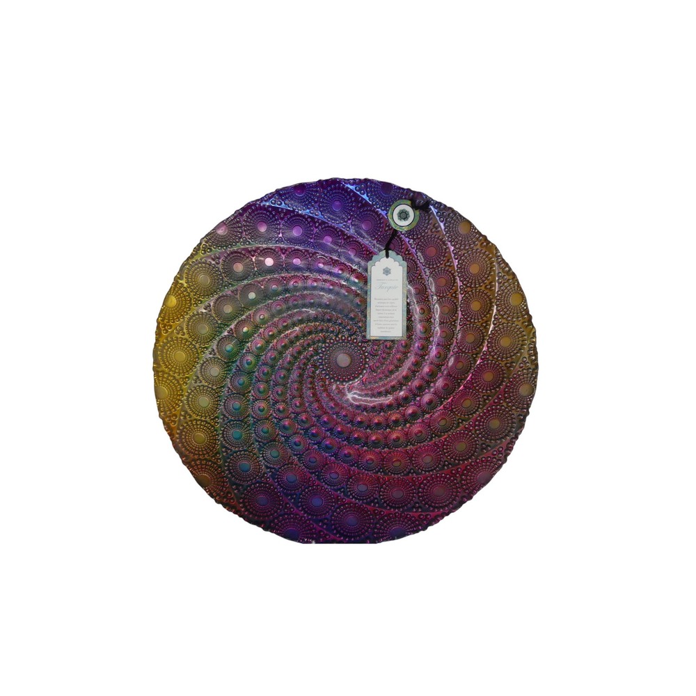 Turkish Glass Pedestal Bowl Home Decor 13in Multicolor Iridescent Spiral Dot